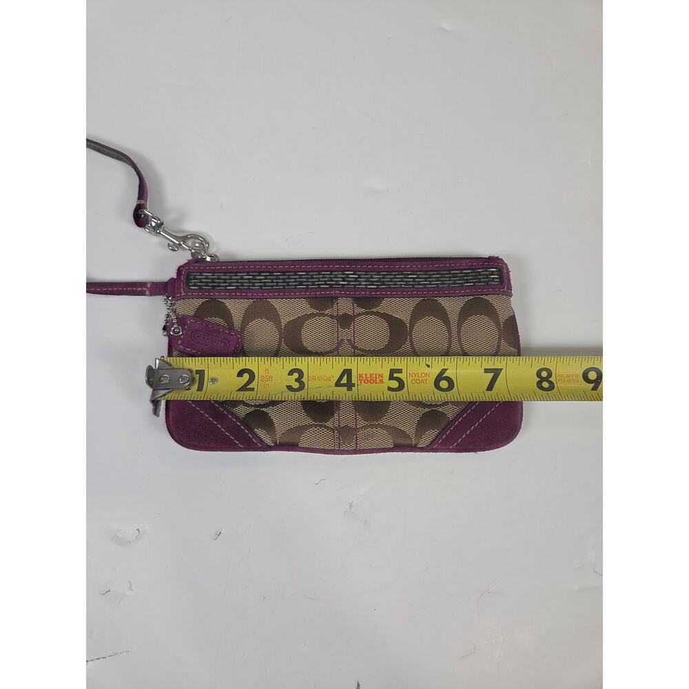 Coach Signature Tan Fabric Burgundy/Purple Suede Zip Wristlet Wallet Bag - Picture 2 of 5